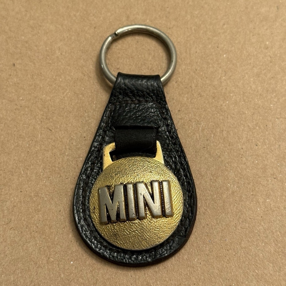 Mini Cooper Black Leather Brass Keychain Car Automobile England British Vintage